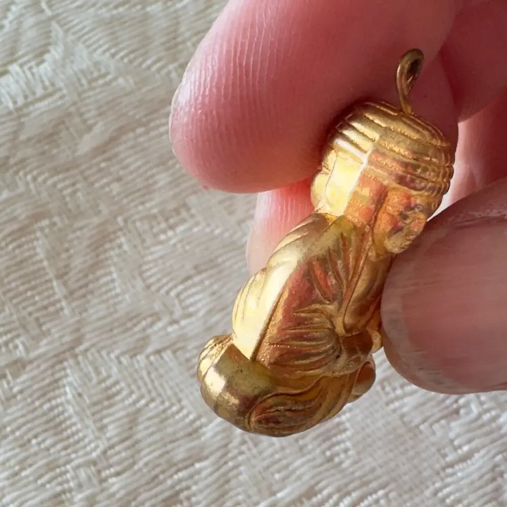 Vintage 1” Double Sided Seated Articulated Buddha Bead Pendant Gold Tone Set 2